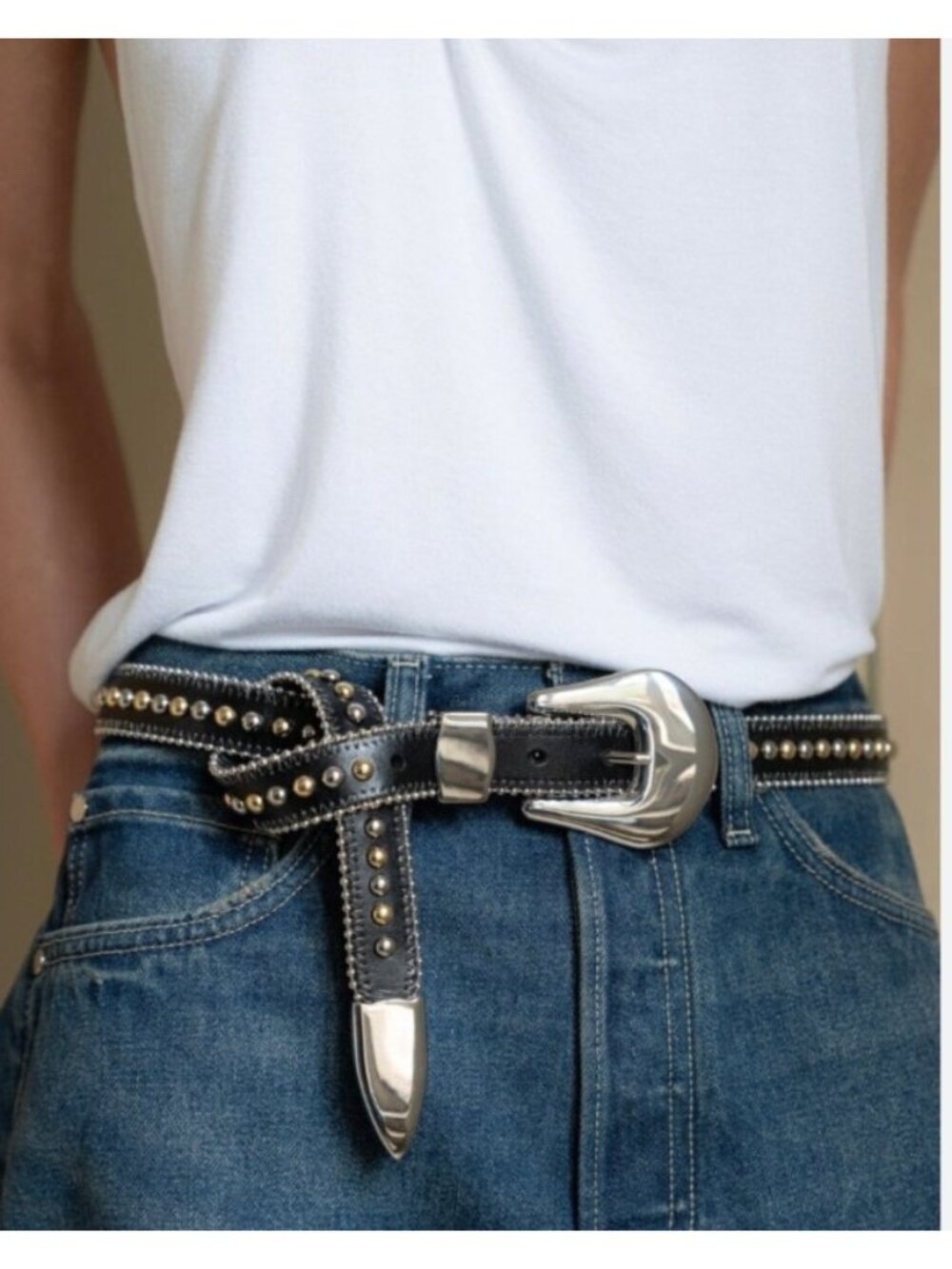 B-Low The Belt Black Genuine Leather Studded Western Belt Size L Silver Hardware